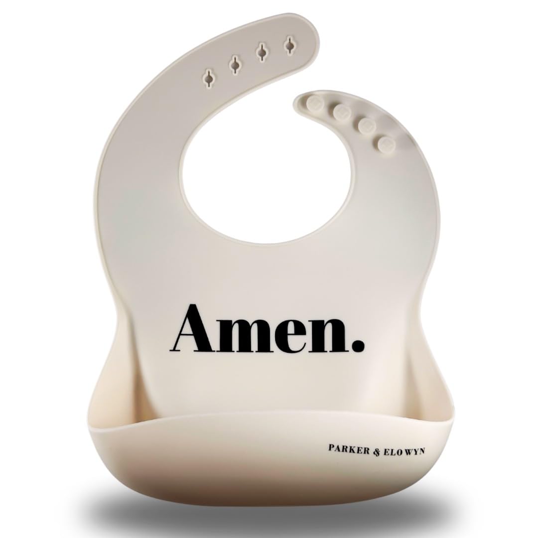 PARKER & ELOWYN Soft Waterproof Silicone Bib, AMEN, Unisex Baby Toddler, BPA free, Non-Toxic, Large Food Catcher, Easy Clean, 3 months +