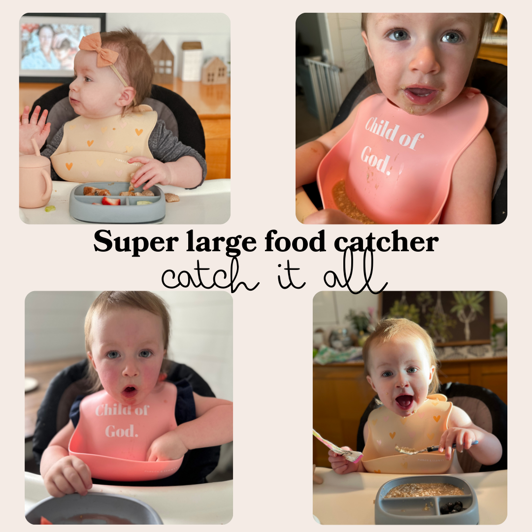 PARKER & ELOWYN Silicone bibs | Child of God | Pack of 2 Silicone Bibs for Baby Boy or Girl | 100% Silicone Bibs for Babies 3 months +