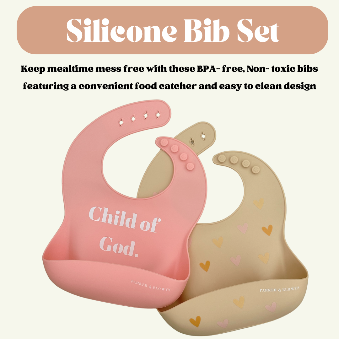 PARKER & ELOWYN Silicone bibs | Child of God | Pack of 2 Silicone Bibs for Baby Boy or Girl | 100% Silicone Bibs for Babies 3 months +