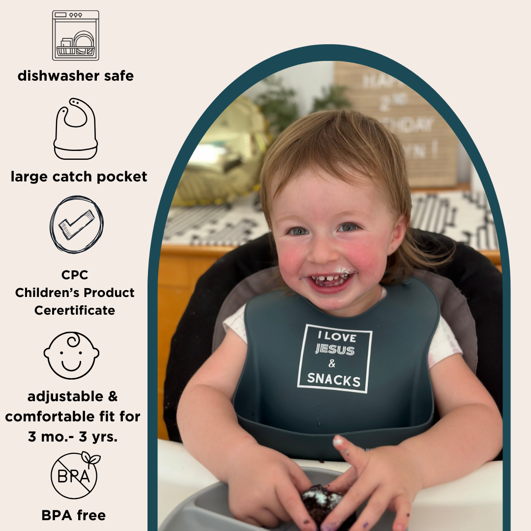 PARKER & ELOWYN Soft Waterproof Silicone Bib, I Love Jesus & Snacks, Unisex Baby Toddler, BPA free, Non-Toxic, Large Food Catcher, Easy Clean, 3 months +