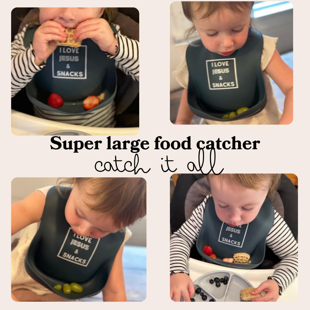 PARKER & ELOWYN Soft Waterproof Silicone Bib, I Love Jesus & Snacks, Unisex Baby Toddler, BPA free, Non-Toxic, Large Food Catcher, Easy Clean, 3 months +