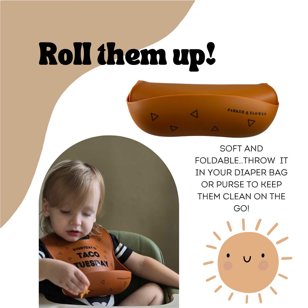 PARKER & ELOWYN Soft Waterproof Silicone Bib,Everyday is Taco Tuesday, Unisex Baby Toddler, BPA free, Non-Toxic, Large Food Catcher, Easy Clean, 3 months +
