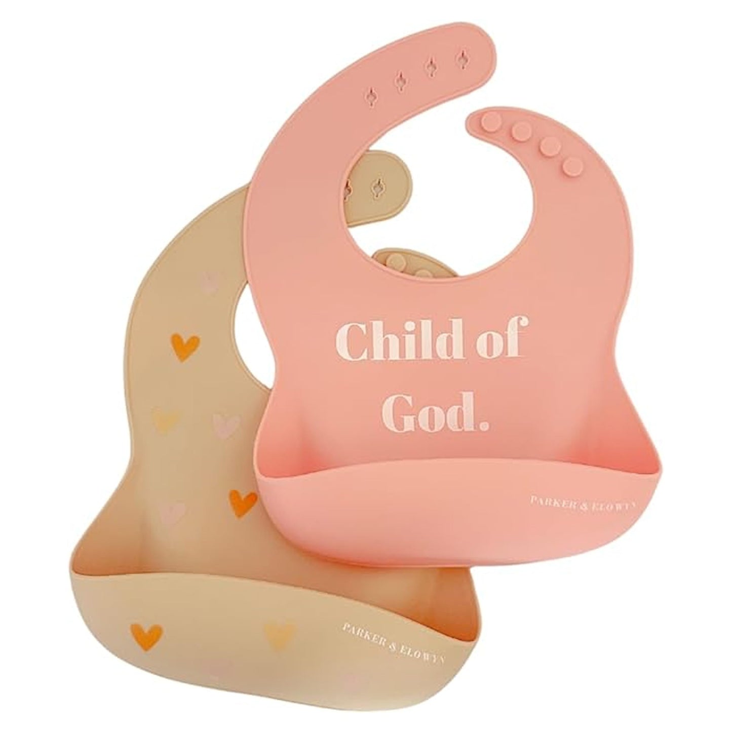 PARKER & ELOWYN Silicone bibs | Child of God | Pack of 2 Silicone Bibs for Baby Boy or Girl | 100% Silicone Bibs for Babies 3 months +