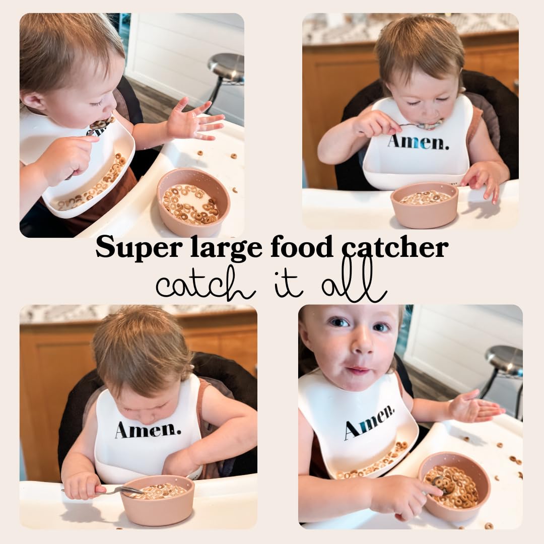PARKER & ELOWYN Soft Waterproof Silicone Bib, AMEN, Unisex Baby Toddler, BPA free, Non-Toxic, Large Food Catcher, Easy Clean, 3 months +