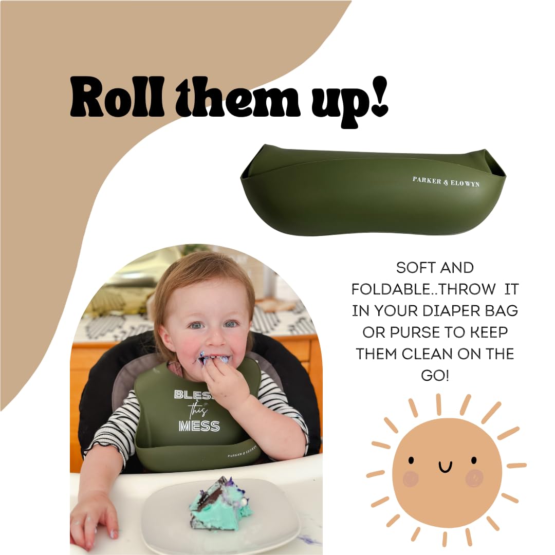 PARKER & ELOWYN Soft Waterproof Silicone Bib, Bless this Mess, Unisex Baby Toddler, BPA free, Non-Toxic, Large Food Catcher, Easy Clean, 3 months +