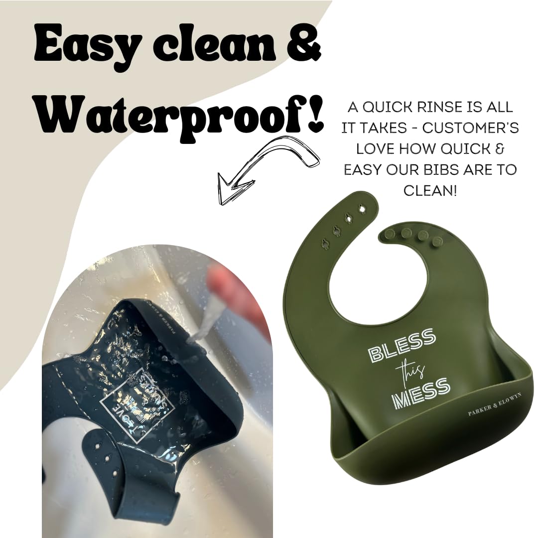 PARKER & ELOWYN Soft Waterproof Silicone Bib, Bless this Mess, Unisex Baby Toddler, BPA free, Non-Toxic, Large Food Catcher, Easy Clean, 3 months +