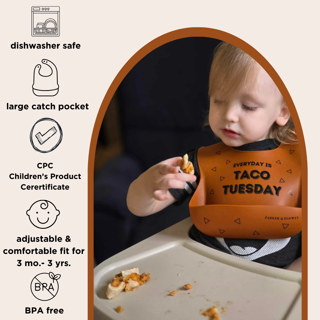 PARKER & ELOWYN Soft Waterproof Silicone Bib,Everyday is Taco Tuesday, Unisex Baby Toddler, BPA free, Non-Toxic, Large Food Catcher, Easy Clean, 3 months +