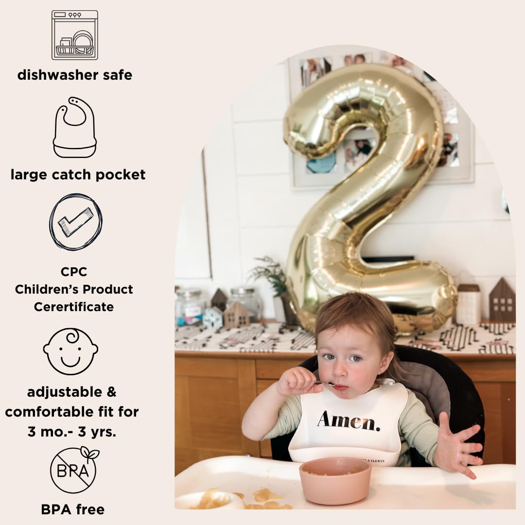 PARKER & ELOWYN Soft Waterproof Silicone Bib, AMEN, Unisex Baby Toddler, BPA free, Non-Toxic, Large Food Catcher, Easy Clean, 3 months +