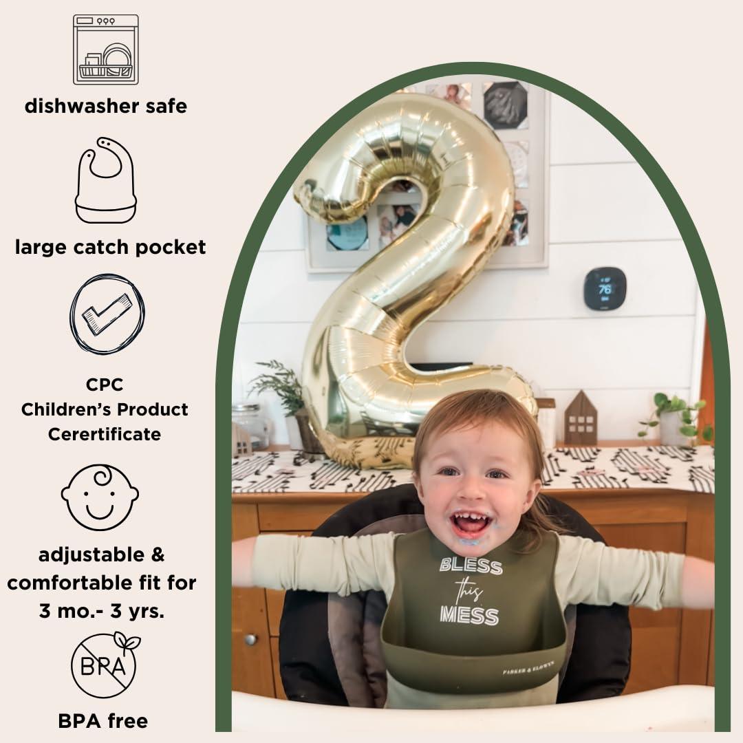 PARKER & ELOWYN Soft Waterproof Silicone Bib, Bless this Mess, Unisex Baby Toddler, BPA free, Non-Toxic, Large Food Catcher, Easy Clean, 3 months +