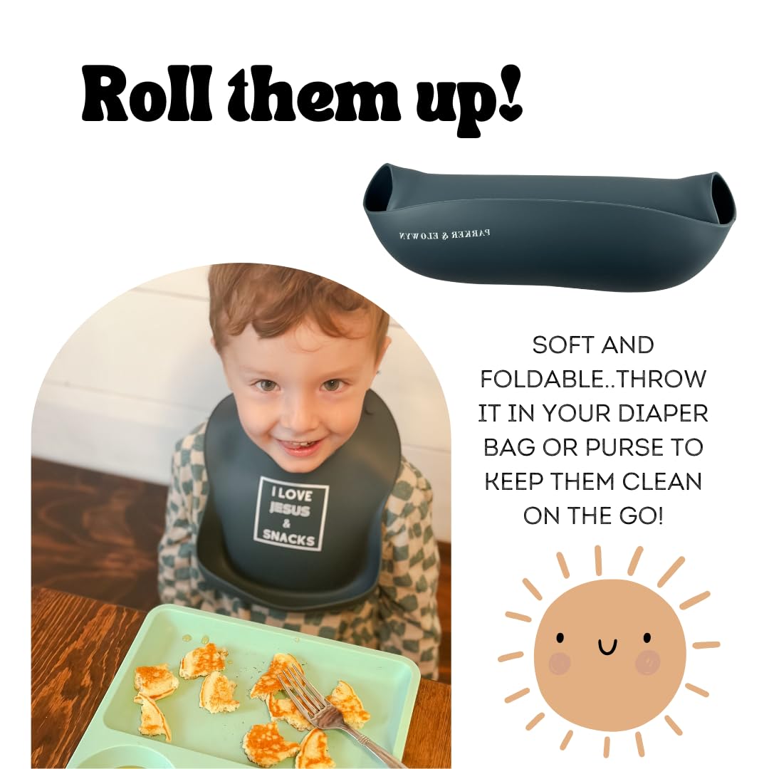 PARKER & ELOWYN Soft Waterproof Silicone Bib, I Love Jesus & Snacks, Unisex Baby Toddler, BPA free, Non-Toxic, Large Food Catcher, Easy Clean, 3 months +