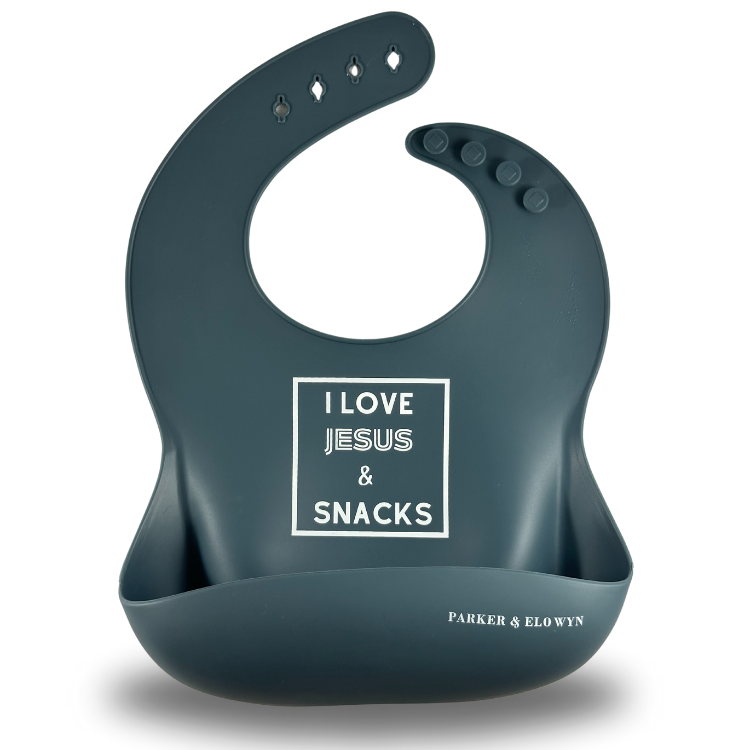 PARKER & ELOWYN Soft Waterproof Silicone Bib, I Love Jesus & Snacks, Unisex Baby Toddler, BPA free, Non-Toxic, Large Food Catcher, Easy Clean, 3 months +